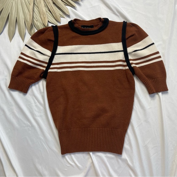 En Saison Brown Earthy Striped Puff Sleeve Black Neutral knit Sweater Size XS - Picture 3 of 7